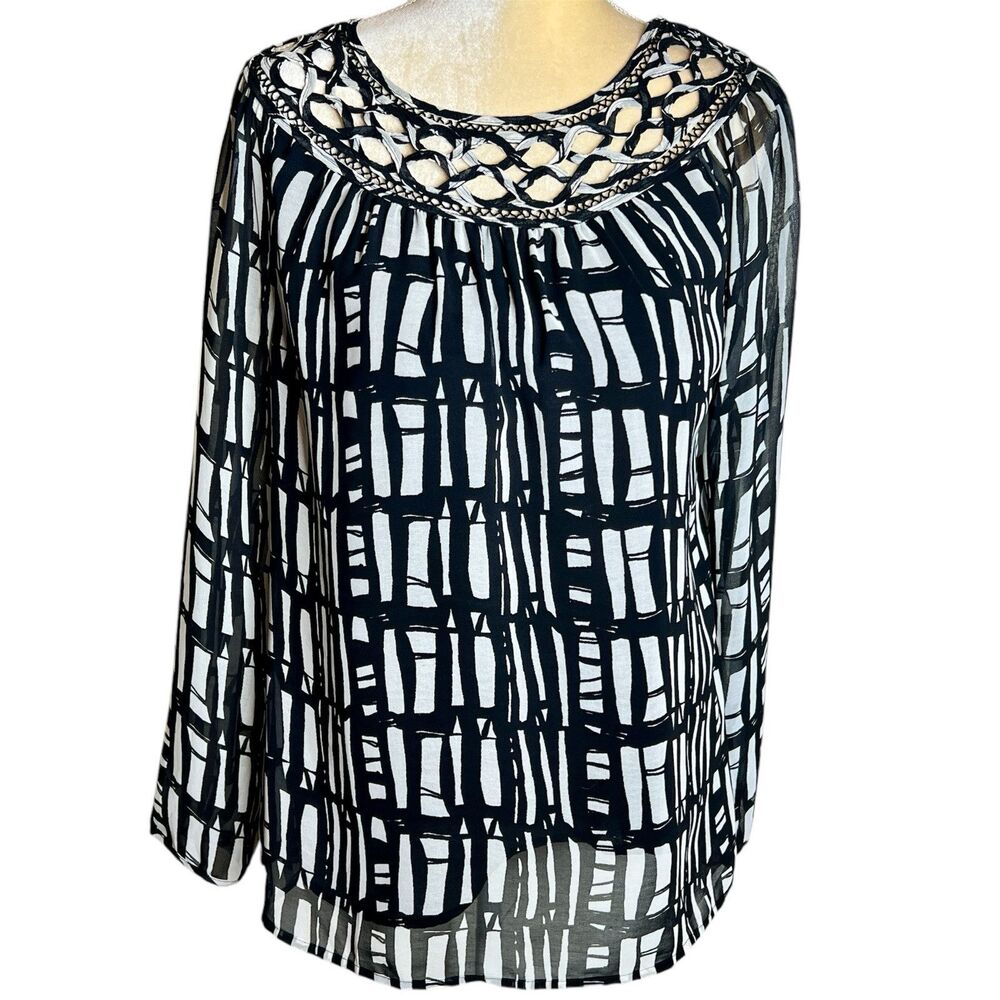 Coldwater Creek Tunic Top Size M (10-12) Sheer With Lining Lacework Neckline
